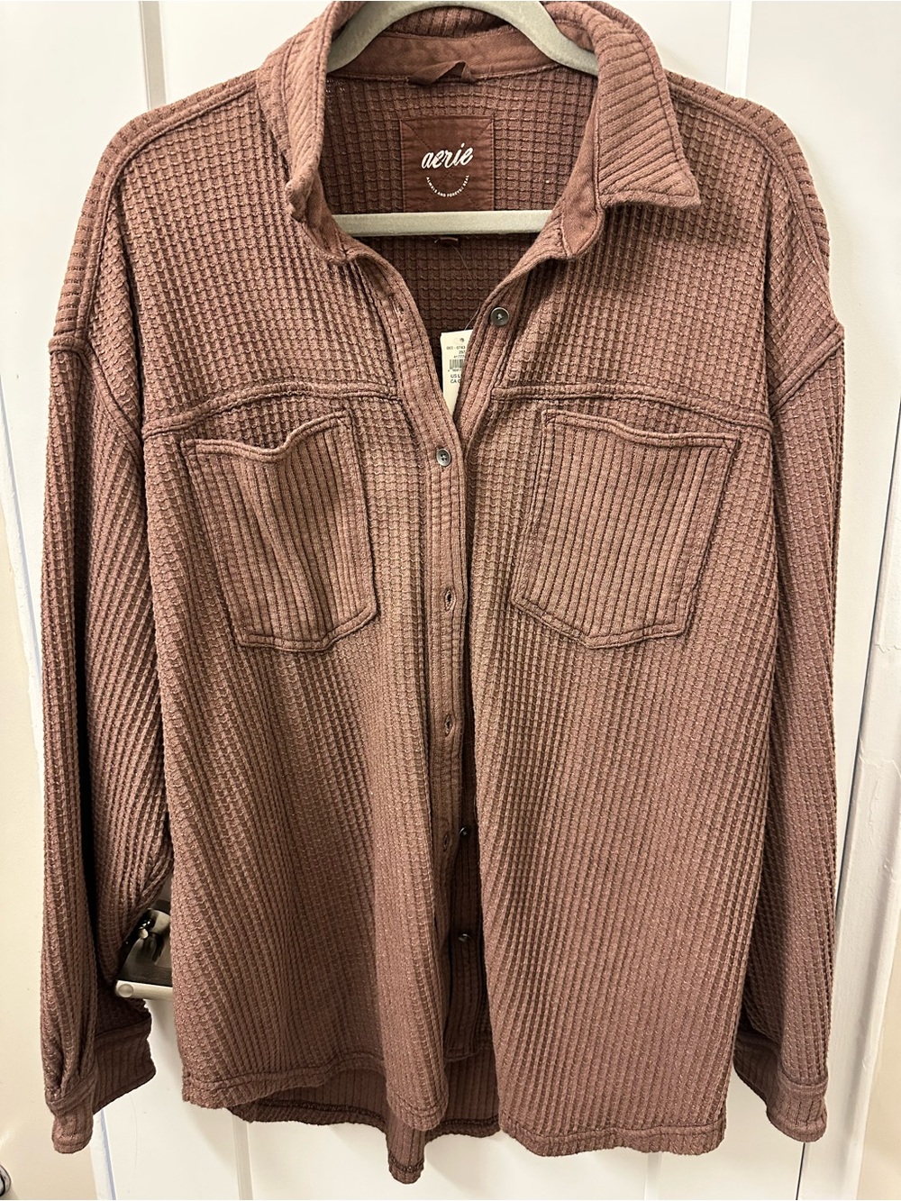 aerie Waffle-Knit Button Front Shirt Jacket in brown